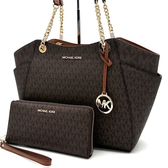 Michael Kors Large Jet Set Travel Chain Shoulder Bag & Continental Wallet Brown - Picture 1 of 15